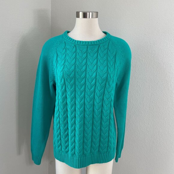Lands End Drifter Womens XL/P 18 Cable Knit Sweater Cotton Teal Blue Long Sleeve - Picture 1 of 9